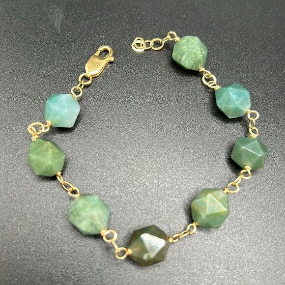 VTG Faceted Moss Agate Stone Station Gold Filled Bracelet, 8” - Picture 3 of 6